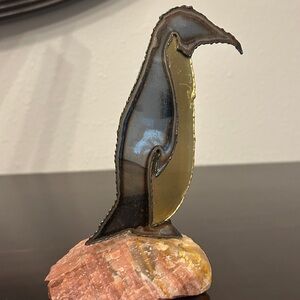 Vintage 80’s Mixed Metal Penguin on Stone Base , Art Deco